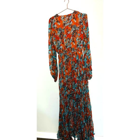 CAROLINE CONSTAS 100% Silk Orange Teal Floral Vivian V-Neckline Dress Size Large - Picture 6 of 16